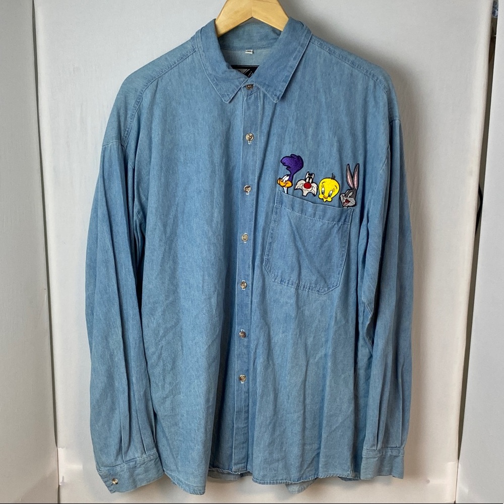Vintage Top Line USA Men's XL Button Up Long Sleeve Looney Tunes Denim Chambray